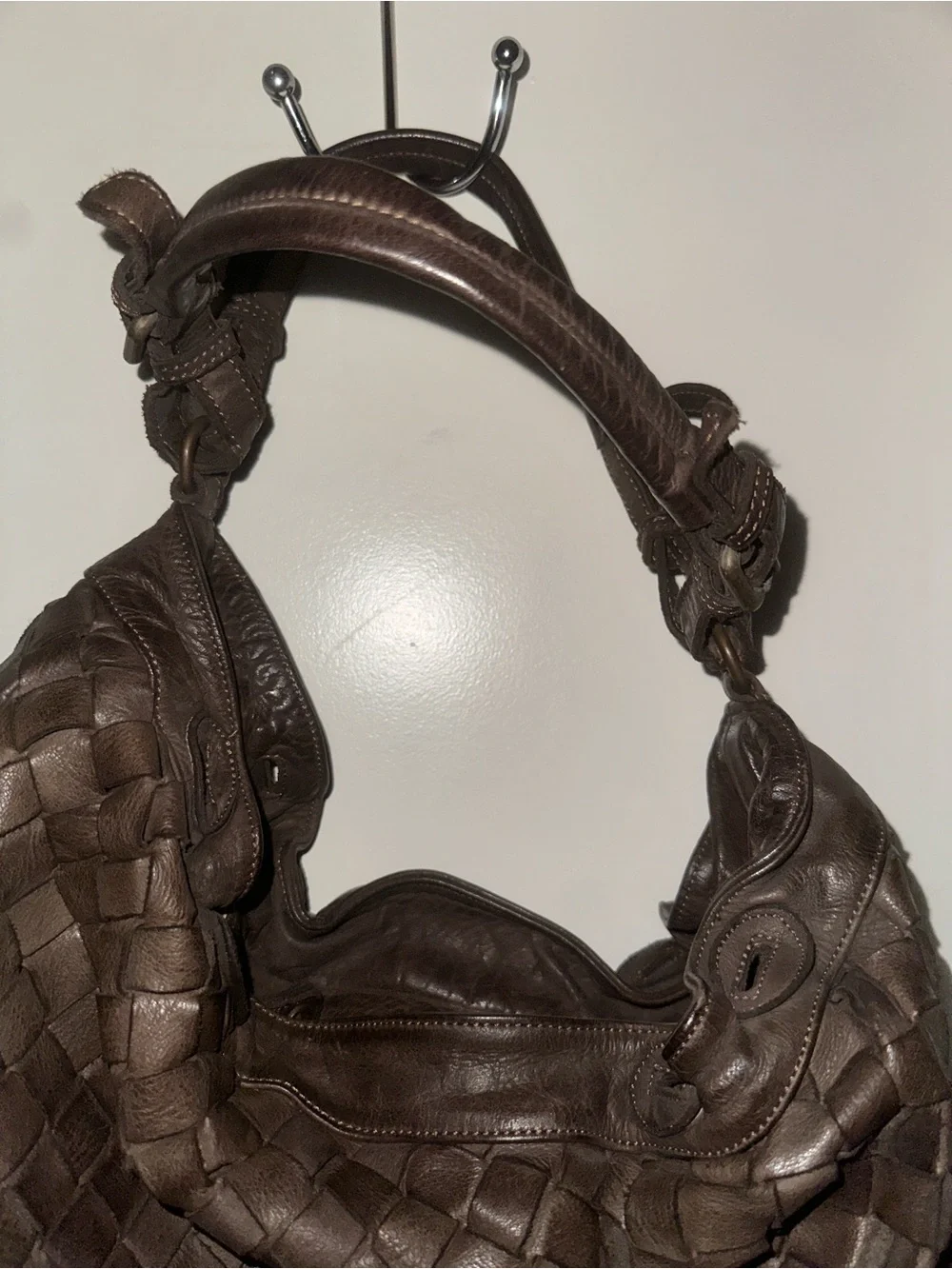 Woven Leather Hobo Bag in Dark Brown
